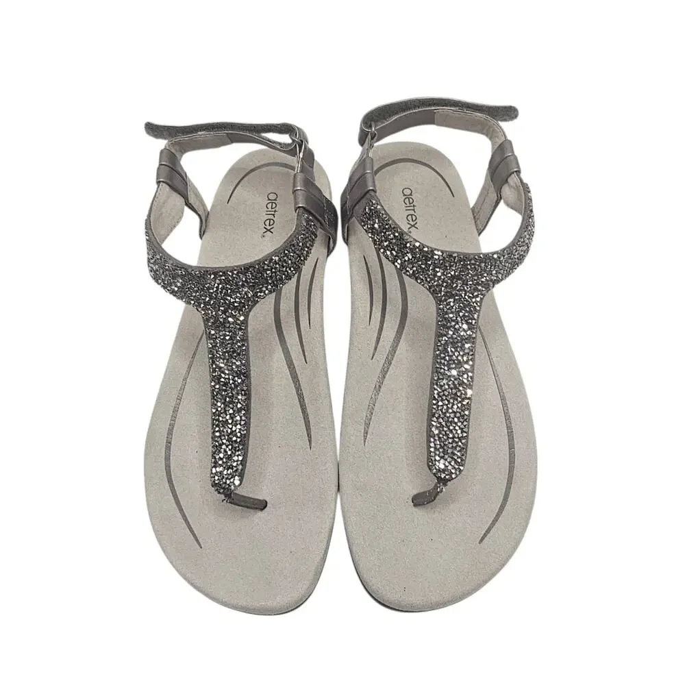 Aetrex Gunmetal Jade Sparkle Thong Orthotic Sandals Women's Size 10